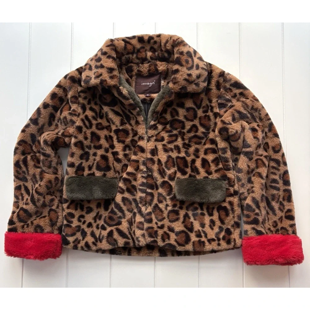 IMOGA Emma Leopard Faux Fur Coat Girls Size 10 Animal Print Jacket Red Trim - Picture 2 of 15